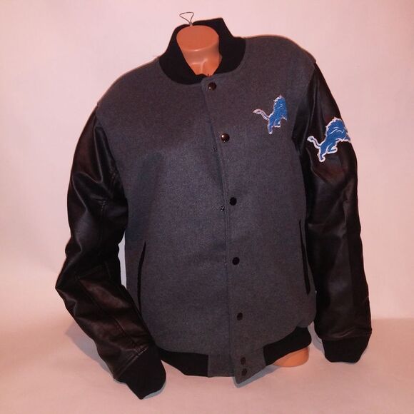 Detroit Lions Bomber Jacket Mens Black Gray Blue Logo Varsity Jacket NFL - Picture 3 of 13